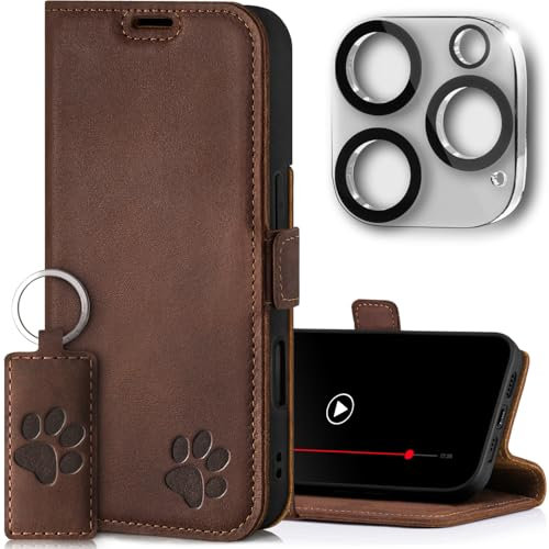 SURAZO Slim Magnet Handyhülle für Apple iPhone 16 Pro Max Hülle Leder Echtleder Schutzhülle mit Pfote Motiv RFID Klapphülle [Standfunktion, Kartenfach, Kameraschutz] Flip Cover Case Lederhülle Braun