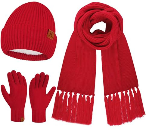 Damen Winter Warm Beanie Mütze Schal Touchscreen Handschuhe Set Thermo Wintermütze Strickmütze Lange Schals Winterhandschuhe mit Fleece Gefütterte Frauen Geschenk, Rot