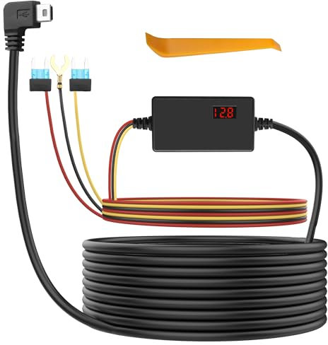 XMSJSIY Dash Cam Hardwire Kit Mini USB 12V-24V to 5V Step-Down Cable Mini USB Hard Wire Kit with LED Screen Support 24 Hours Surveillance Power Cable for Dash Camera GPS DVR - 3.2M/10.5FT