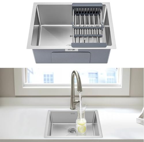 CROWNSHOP Kitchen Sink Stainless Steel Undermount Sink Square Inset Single Bowl with Drainer Waste for Kitchen Utility Room Bar (54 x 44 x 20CM)