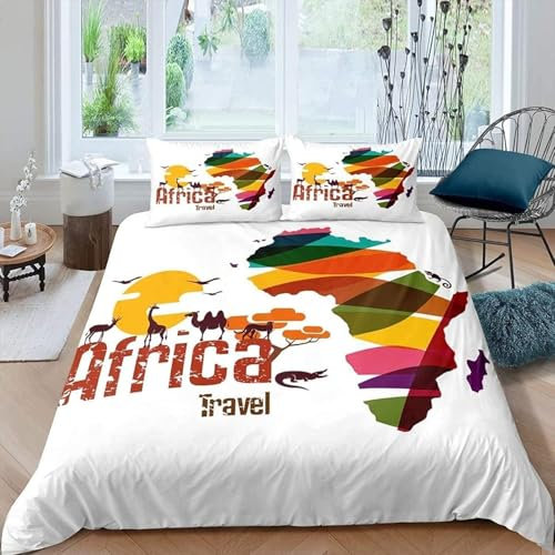 PUOJIEAT Bettwäsche 200x200 Afrika-Karte Weich Mikrofaser Bettwäsche-Sets Afrika-Karte Bettbezug mit 2 x Kissenbezug 80x80 cm 3D Bettzeug Set w6377