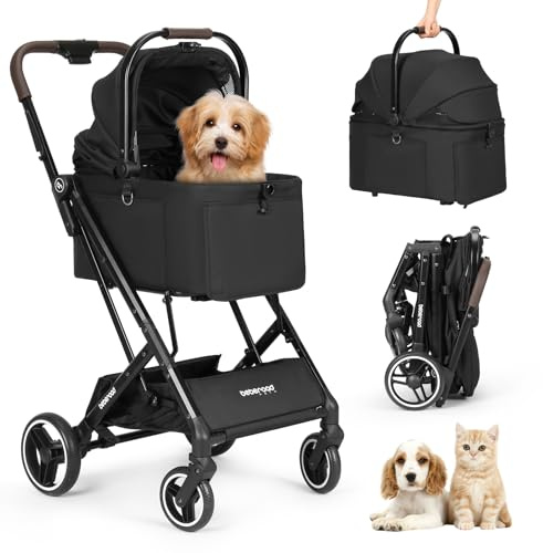 Beberoad Pets X2 Haustier Kinderwagen Hunde-/Katzenbuggy für kleine Haustiere bis 20 kg, mit abnehmbarer und faltbarer Trage, wasserdichter Basis und Sonnendach, Schwarz (Schwarz)