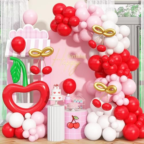 Froova Cherry Balloon Garland Arch Kit, 115pcs Red and Pastel Pink White Metallic Gold Long Latex Balloons for Birthday Baby Shower Wedding Valentines Day Anniversary Cherry on Top Party Decorations