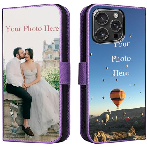 FortiCase Personalised Phone Case for iPhone 13 Pro Max,PU Leather Flip Cover,with Card Slots,Holder Cases,Design Your Own Photo Image,Text Personalised Case - Purple-LN4