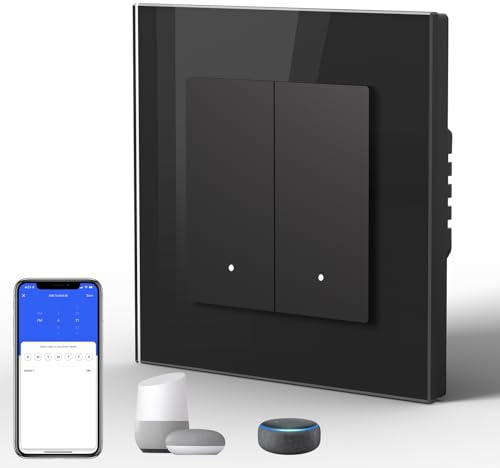 BSEED Smart WiFi Interruttore a parete, Interruttore collegato a pulsante (clic), Pannello in vetro estetico, compatibile con Google Home e Alexa Neutral Line Required, 2 Gang 1 Way, Nero