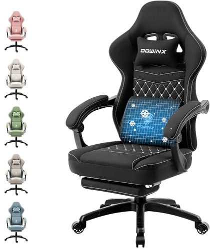 Dowinx Gaming Stuhl Stoff Bürostuhl mit Taschenfederkissen, Massage Gamer Stuhl mit Kopfstütze, Ergonomische Racing Gaming Sessel mit Fußstütze (Schwarz)
