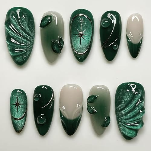 MouyouGlow Press on Nails Kurz,Almond Grün French 3D Bubble Water Rib Sterne Design Cat Eye Magnetic Y2K Fake Nails,Green Tips Wavy Phototherapy Künstliche Fingernägel