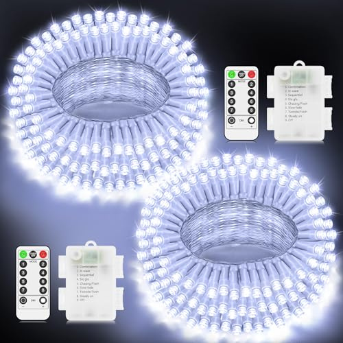 LYNNON Lichterkette Außen Batterie 2×100 LED Lichterkette Innen Wasserdicht Lichterkette Batterie Weiß mit Fernbedienung für Outdoor Party Hochzeit Camping Balkon Zimmer Weihnachtsbaum deko