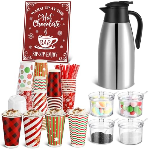 Bokon 104 Pcs Christmas Hot Chocolate Bar Set 16 oz Cocoa Cup 2L Stainless Drink Dispenser Hot Chocolate Bar Table Sign Acrylic Sugar Marshmallow Bowl for Christmas Winter Party Supplies(Classic)