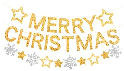 Weihnachtsdeko - Merry Christmas Girlande Gold, Stern & Schneeflocken Banner Weihnachten Girlanden, Merry Christmas Schriftzug Banner, Ideal für Weihnachtsfeiern, Unisex