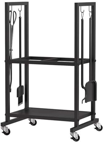 GTPBAO Estante para Leña Leñero con ruedas y juego de herramientas para chimenea, de metal, para interior y exterior, cesta resistente para leña, color negro