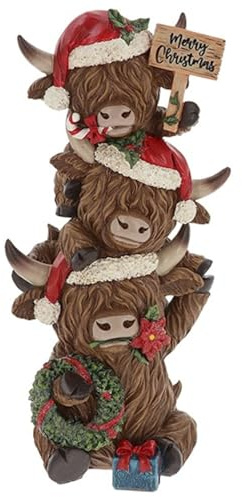 Shudehill Giftware Merry Christmas Trio Totem of Highland Cows Ornament Figurine - Christmas Decoration
