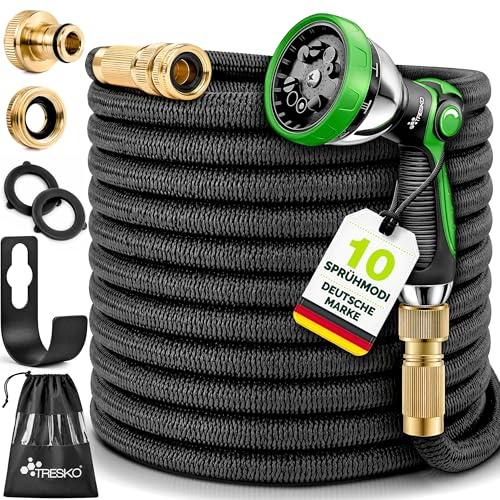 TRESKO® Manguera Flexible de jardín 7.5M, Manguera Flexible con Triple Capa de látex, Manguera de riego Extensible, Manguera con Boquilla multifunción Incl. Colgador de Metal (Negro, 60 m)