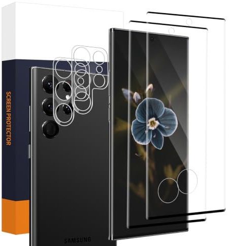 Carantee Verre Trempé pour Samsung S22 Ultra 5G Verre+Film d'objectif | Dureté 9H Anti Rayures, 3D Full Cover Vitre Protection, Haute Sensibilité, Bubble Free, HD S22 Ultra Protection écran(2+2)
