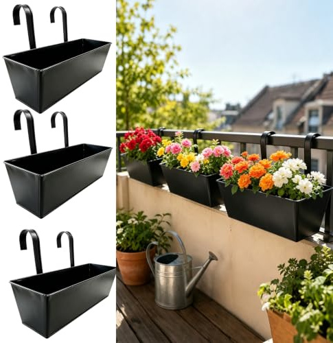 LLHONG 3 Pack 41.5cm Metal Railing Planter Boxes, Black Hanging Flower Pots | with Detachable Hooks & Drainage Holes | Weatherproof Window Boxes | for Outdoor Balcony Fence Patio Garden