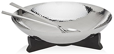 Godinger Hammered Salad Bowl with Wooden Base & Server, Silver