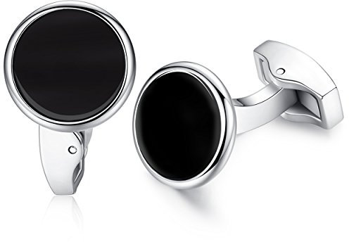 HONEY BEAR Herren Weiß Perle Schale Stein/Schwarz Achat Onyx Manschettenknöpfe Cufflinks Edelstahl Manschettenknopf für Hemd, Hochzeit Geschäft Geschenk (Schwarz)