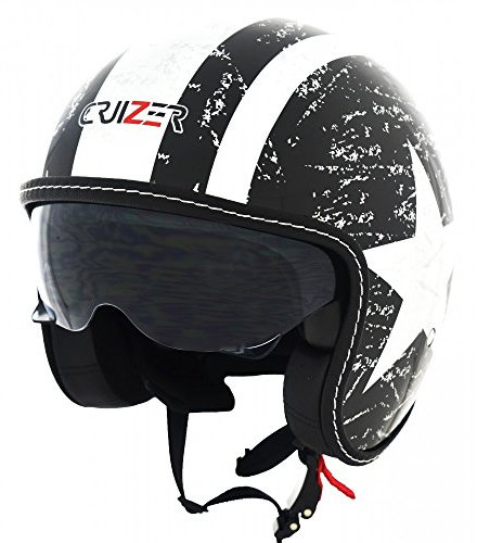 CRUIZER - Casco per moto e scooter Demi Jet di colore nero lucido omologato con visiera sole a scomparsa (XS)