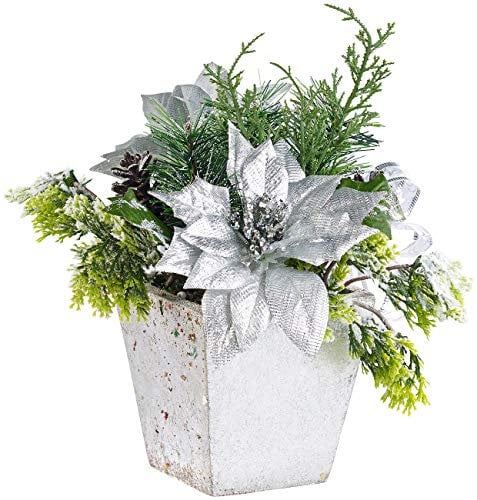 infactory Kunstblumen Weihnachten: Weihnachts-Gesteck mit Blumen, Zweigen, Zapfen und Kunst-Schnee, 22 cm (Weihnachtsgesteck künstlich, Dekoblume, Weihnachtsstern)