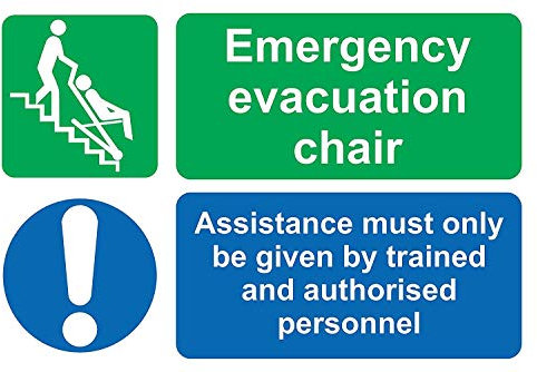 Emergency evacuation chair assistance must only be given by trained and authorised personnel safety sign - Self adhesive sticker 300mm x 200mm