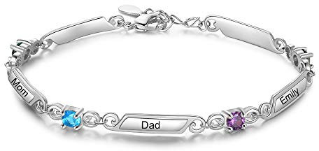 Personalisiert 4 Simuliert Geburtsstein Charme Silber Armband zum Frau Mama Oma Kristall Einstellbar Armreif Angepasst Mütter Tag Geburtstag Geschenk zum Mädchen Schwester BFF Ehefrau Graviert 4 Name