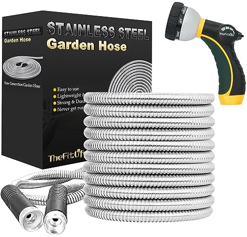 TheFitLife Flexibler Metall-Gartenschlauch – verbesserte Version, auslauf- und ausfransfestes Design, Edelstahl-Wasserschlauch mit soliden Armaturen Sprühdüse, leicht, knickfrei, langlebig