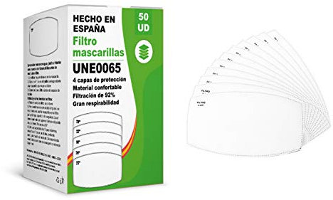 KALLPA® 50 filtros para mascarillas UNE0065 - REUTILIZABLES - fabricados en ESPAÑA - hidrófobo, antiestático y antibacteriano, muy transpirable, (TNT) (tnt)
