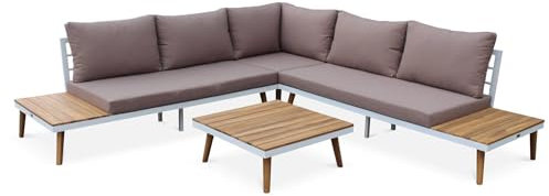 Alice's Garden - Gartengarnitur aus Holz 5 Sitze - Buenos Aires - Weißes Gestell/Taupefarbene Kissen - Ecksofa, Seitenregale und Couchtisch aus Akazie, Aluminiumgestell