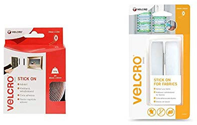 VELCRO Brand White Stick On Tape 20 mm x 2.5 m Roll & Brand Stick On for Fabrics Tape 19mm x 60cm White