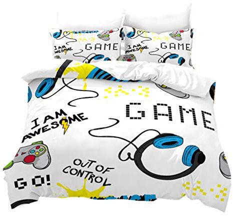 Ensemble de Literie Imprimé Creative Gamer 2/3 Pièces Housse de Couette 3D Gamepad Taie d'oreiller Parure de Lit pour Contrôleur de Jeu Vidéo pour Enfants Adolescents Garçons (Blanc, 220_x_240_cm)
