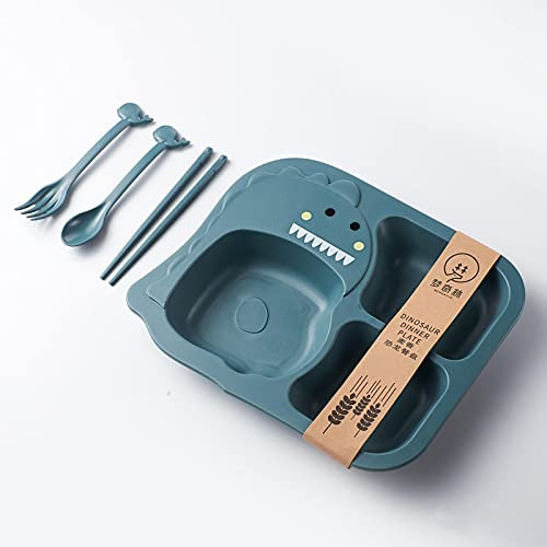 HCMA Juego de vajilla de Dinosaurio para bebés, Plato de Cena para niños, Juego de alimentación para bebés Anti-caída de Dibujos Animados creativos para el hogar