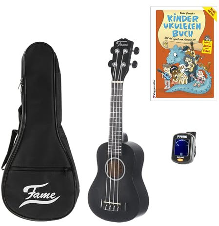 Fame Deluxe Sopran Ukulele Set, Schwarz Matt Finish, inklusive Ukulelenbuch, Clip-on Tuner und Gigbag, Ideal für Einsteiger