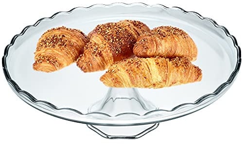 KADAX Glass Cake Stand with Base, Round Cake Plate for Muffin, Biscuits, Desserts, Birthday, Party, Flat Stand for Wedding, Transparent Cake Plate (Round)