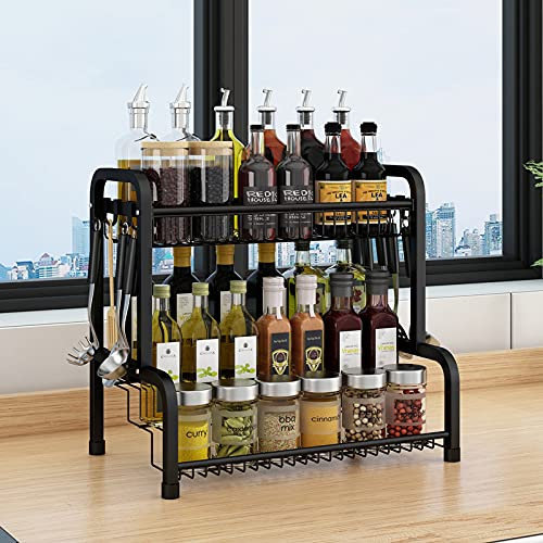 Klivien - Gewürzregal Gewürzaufbewahrung aus Edelstahl ohne Bohren Organizer mit 8 Haken für Gewürzflaschen Gläser Ölflaschen Speisekammer Lagern Spice Rack (2 Ebenen)