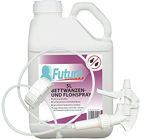 Futum 5L + Trigger Bettwanzenspray & Floh Spray, gegen Wanzen, Flöhe, Larven & Eier, Wasserbasis, Fleckenfrei, Schnell & Langzeitwirkung