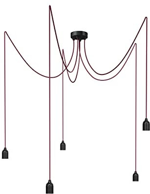 Relight Pendelleuchte 5-flammig Kraken (höhenverstellbar), E27 Lampenfassungen aus Bakelit, 5x 5 Meter Textilkabel Bordeaux
