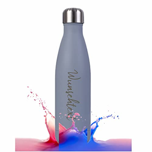 Personalisierbare Trinkflasche aus Edelstahl | Perfekter Begleiter für Sport, Schule, Outdoor Aktivitäten | Lasergravur von Wunschtext und Wunschmotiv | 0,5 l (Grau)