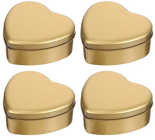 TOPBATHY 4Pcs Gold Heart-Shaped Candy Boxes Tin Storage Containers for Sweets Cookies and Small Items Portable Decorative Boxes 5X4.5X1.8 Inches