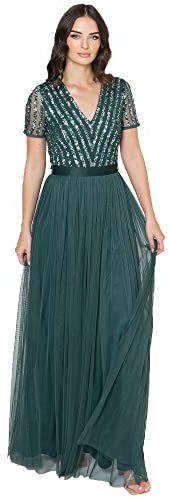 Maya Deluxe Women's Maxi Dress Ladies Bridesmaid V-Neck Ball Gown Short Sleeves Long Elegant Empire Waist Wedding, Emerald Green, 16