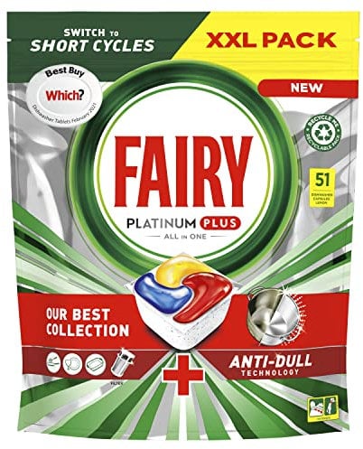 Fairy Platinum Plus All in One Dishwasher Tablets, Lemon, 51 Tablets, Our Best Cleaning For A Clean Like New, Removes Dullness & Prevents Limescale x4