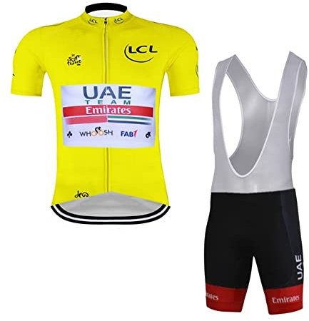 SGCIKER 2022 World Tour Team UAE TDF Championship Yellow Radtrikot für Herren, Kurzarm MTB Radbekleidung Trägerhose mit GEL Paddad(XL