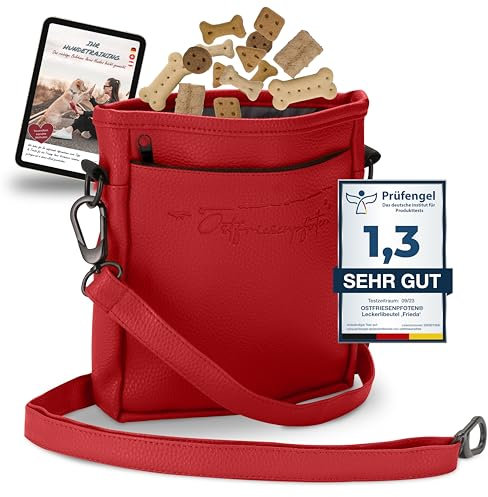 Ostfriesenpfoten® Leckerlibeutel 'Frieda' für Hunde aus hochwertigem Kunstleder - Rot Größe M - Futterbeutel mit EasyOpen Einhandmagnetverschluss - Gassitasche für Hunde-Leckerli