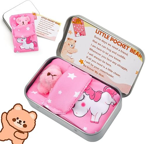 Pipihome Little Pocket Bear Hug | Soft Comfortable Teddy Bear in a Tin Box | Mini Pocket Bear Plush Toys | Cute Fun Stuffed Animal Teddy Bear Doll Christmas Birthday Gifts for Kids (Pink) (SB-431)