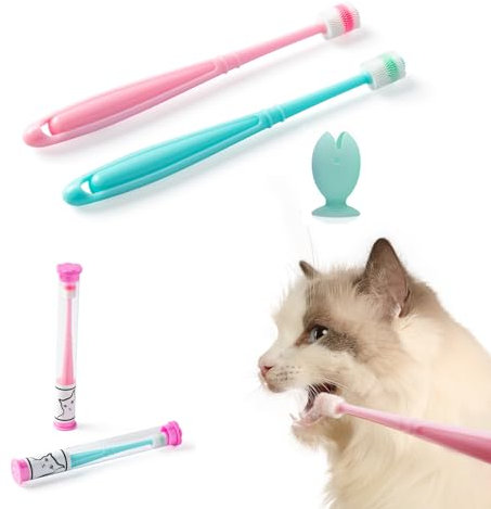 E.M&S.T by Emmeliestella Small Dog & Cat Toothbrush 360 Degree Soft Silicone, Cat Dental Care, Toothbrush Holder, Easy to Handle, Independent Packaging, Extra Suction Cup, Light Blue&Light Pink 3PCS