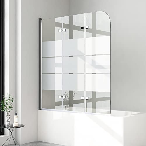 Duschwand für badewanne 120x140cm 3-teilig Faltwand für Badewanne Milchglas Streifen 6mm ESG Glas Duschwand Badewannenaufsatz Duschtrennwand Duschabtrennung