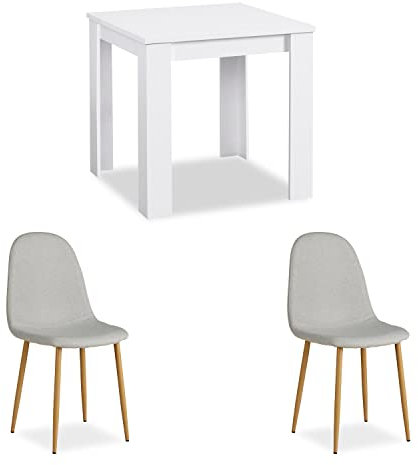 Homestyle4u 2372, Grupo de comedor con 2 sillas Blanco Gris, Mesa de comedor 80 x 80 cm Mesa de cocina con sillas