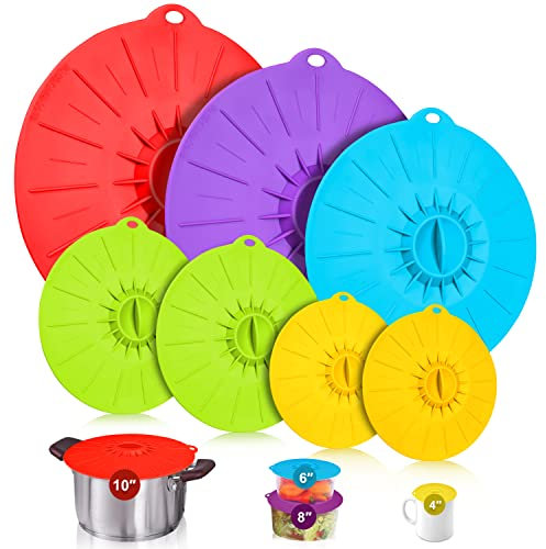 Guvvie Silicone Lids - 7 Pack Heat Resistant Microwave Cover - Reusable Silicone Lids For Food Storage For Cups, Bowls, Plates, Pots, Pans, Skillets, Stove Top, Oven, Freezer, Dishwasher safety