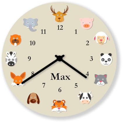 Kinderzimmer Wanduhr mit 12 Tiere Kinderuhr personalisierte Kinderzimmeruhr mit Namen