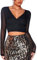 GORGLITTER Women's Wrap Mesh Crop Top Long Sleeve Deep V Neck Party Going Out Sexy Tee T Shirt Black M