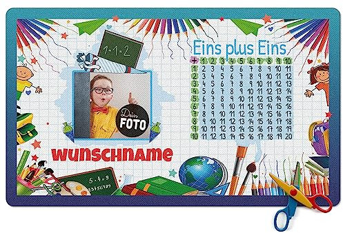 PR Print Royal Schreibtischunterlage selbst gestalten mit Foto und Name - Eins plus Eins - Blau - Waschbar, Personalisierte Geschenke zur Einschulung | 600 x 350 mm, Rutschfest, Schreibtischschutz